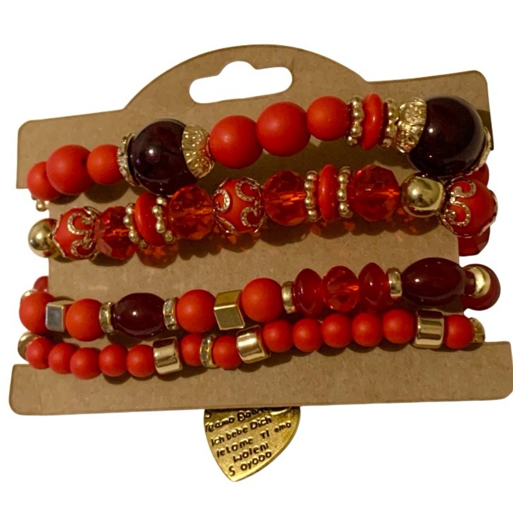 Bracelet Set 4 PC Handmade Boho Red Natural Stone Beaded Heart Charm 
Stackable - Picture 7 of 11